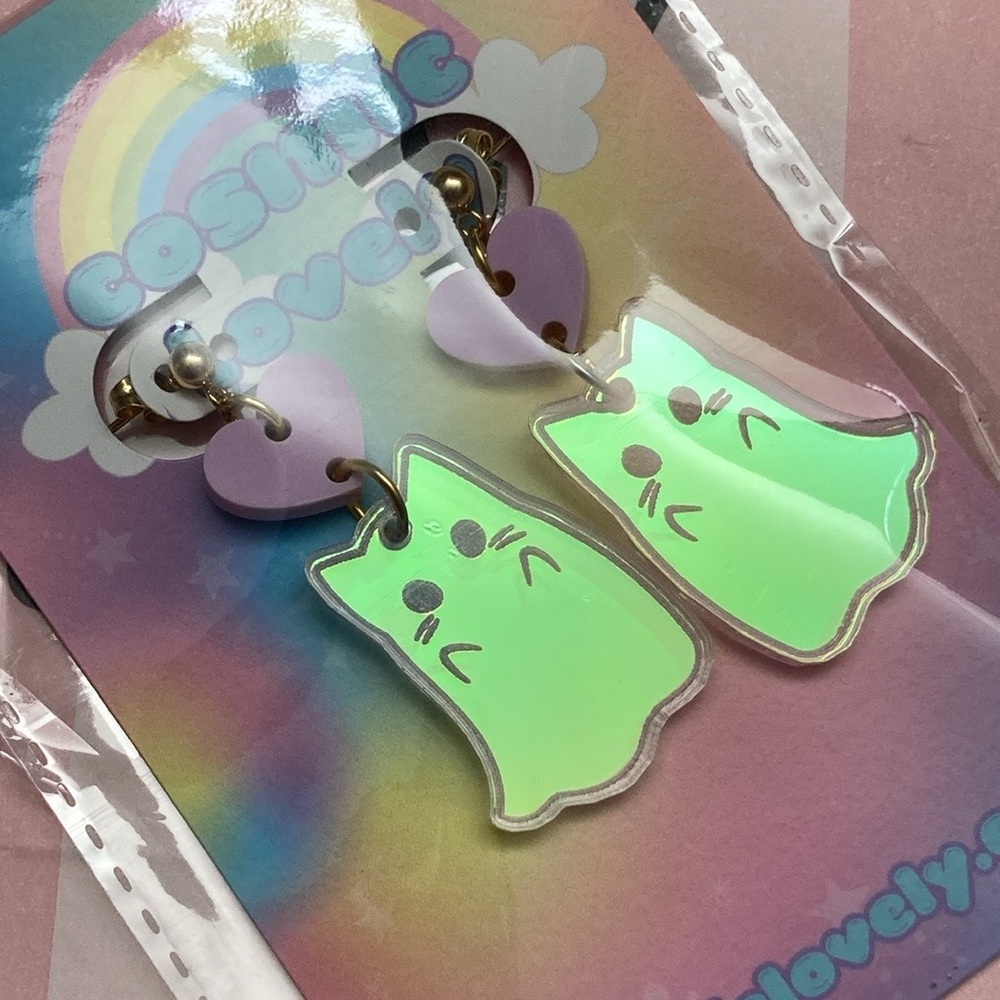 Iridescent Kawaii Ghost Kitty Earrings